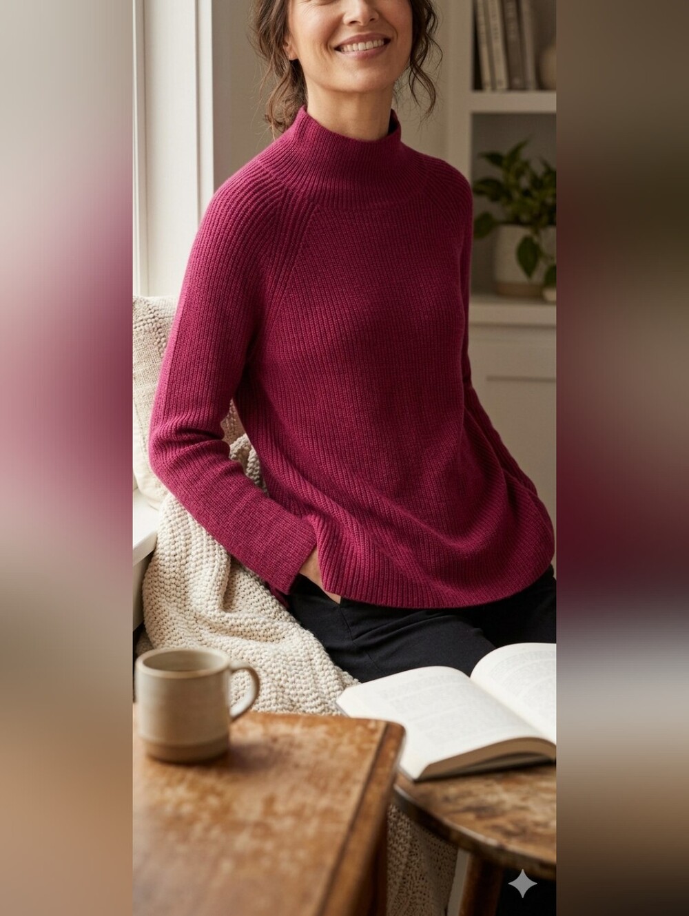 Eileen Fisher Extra Fine Merino Wool Sweater Pink Mock Neck Rib Knit Medium